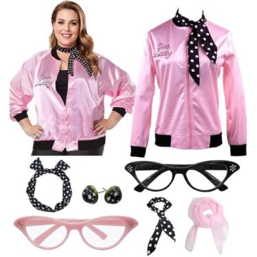 Imagem de Tcairzl Jaqueta feminina rosa plus size anos 1950 para cosplay, fantasia de Halloween, vestido extravagante com conjunto de brincos e cachecol de bolinhas, Borda preta plus, XXG