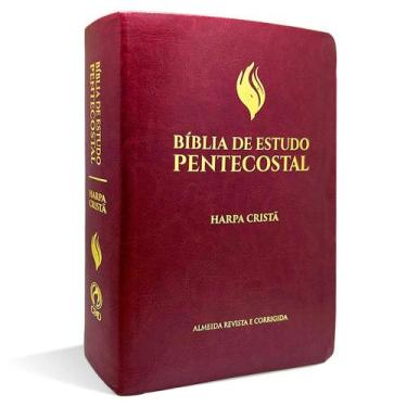 Imagem de Bíblia de estudo pentecostal media luxo com harpa cristã vinho almeida