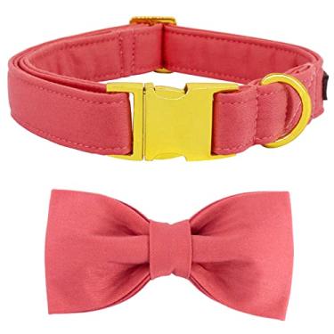 Imagem de Coleira e guia para cães Maca Bates - Coleira ajustável rosa e vermelho rosa com laço e guia de algodão macio com fivela de metal dourado reforçada, presente mais fofo para filhotes ou gatos
