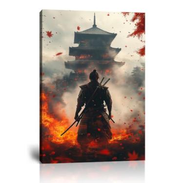 Imagem de Impressão de arte de parede em tela japonesa Samurai decoração de parede para sala de estar quarto - pôster emoldurado de samurai japonês pronto para pendurar (61 cm L x 91 cm A)