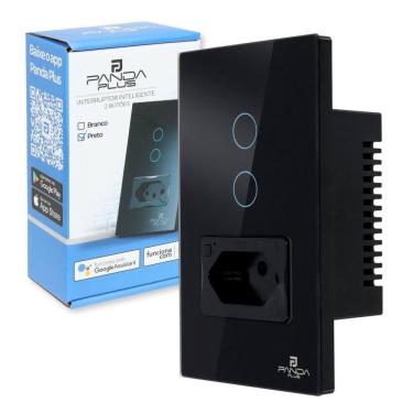 Imagem de Interruptor Inteligente Wifi 2 Botões Touch 1 Tomada 16A Bivolt Smartlife Tuya PandaPlus Alexa Google Comando Voz e App