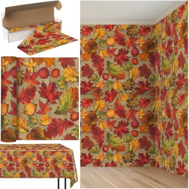 Imagem de Toalha de mesa de outono com rolo de 11 x 30 metros para decoração de Dia de Ação de Graças, toalha de mesa descartável personalizada de outono com folhas de bordo para festa e colheita, pano de fundo