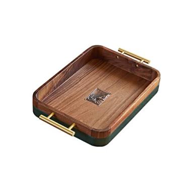 Imagem de Bandeja de armazenamento de vegetais servindo bandeja de nogueira retangular alça de latão fundo de couro sala de estar e decoração de casa moderna decoração de mesa de café/571