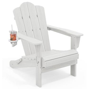 Imagem de KINGYES Cadeira dobrável Adirondack, cadeiras de pátio HDPE para todos os climas com suporte para copos, cadeiras de madeira texturizadas para fogueira para piscina, quintal, deck, branca
