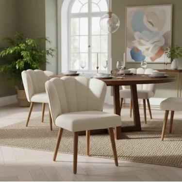 Imagem de Cadeira Pétala Estofada, Bege, Suede com Pés em Madeira, Design Moderno, para Sala de Jantar, Quarto, Penteadeira e Closet