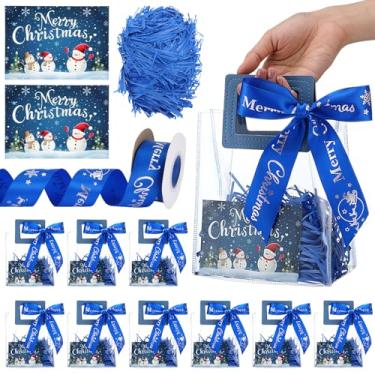 Imagem de Wesnoy Pacote com 12 sacos pequenos de presente de PVC transparente de Natal com alças, 12 cartões, 1 fita, 1 saco de papel de preenchimento de ráfia para embrulho de presentes de Natal, lembrancinha
