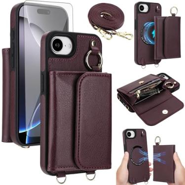 Imagem de Capa de telefone para iPhone 16e/SE 2025/SE 4 carteira destacável protetor de tela compatível com alça transversal MagSafe bloqueio RFID Flip i Phone16e i16e 4ª geração mulheres homens vinho tinto