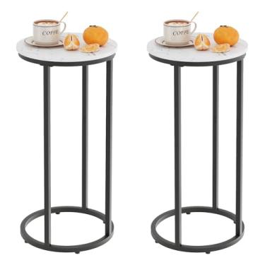 Imagem de Mesa de canto em forma de C, mesas laterais de sofá para sala de estar, mesa redonda de sofá com moldura de metal, pequena mesa de lanche de madeira para quarto, espaços pequenos, fácil montagem