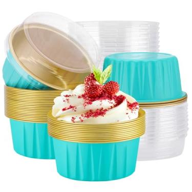 Imagem de EUSOAR Mini formas de bolo com tampas, 25 peças de 150 ml, recipientes de sobremesa, forros de cupcake, copos de sobremesa descartáveis, moldes de pudim de creme, forro de muffin, creme de cozimento