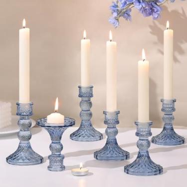 Imagem de DARJEN Castiçais de vidro azul conjunto de 6, 10 cm H e 12,7 cm H castiçais cônicos para castiçais e velas de pilar, castiçais de diamante para mesa de festa de casamento, decoração de casa