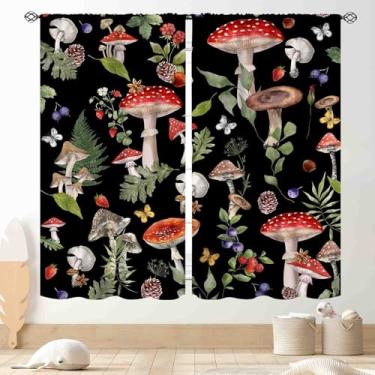 Imagem de Cortinas de cozinha com cogumelos, plantas, cogumelo, botânico, campo, ervas, rústico, vintage, cottagecore, natureza, blackout para janela, para sala de estar, quarto, café, banheiro, 2 painéis, 107
