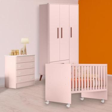 Imagem de Quarto Infantil Berço Reto, Cômoda e Guarda Roupa Retrô Rosa - Qmovi