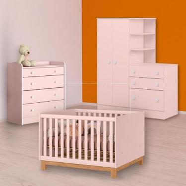 Imagem de Berço Mini Cama, Cômoda Trocador e Guarda Roupa Cômoda Rosa - Qmovi