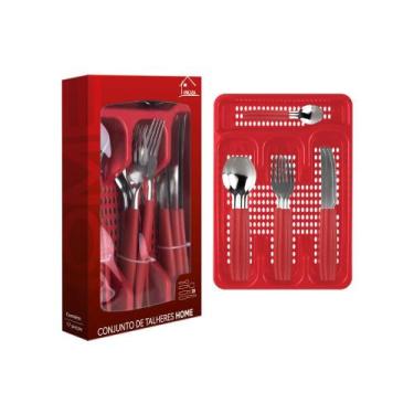 Imagem de Faqueiro 17 Peças Com Porta Talher Vermelho Aço Inox Cabos Ergonômicos