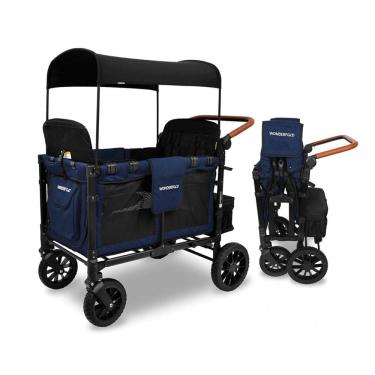 Imagem de Carrinho de Passeio para 4 Crianças Multifuncional com Cobertura Removível e Dobramento, até 136 kg, WONDERFOLD W4, Azul