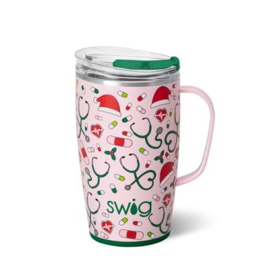 Imagem de Swig Life Caneca de viagem de 510 g, copo isolado com alça e tampa, caneca de café de viagem, compatível com porta-copos, copo de aço inoxidável de 510 g, reutilizável isolado com tampa (Santa's