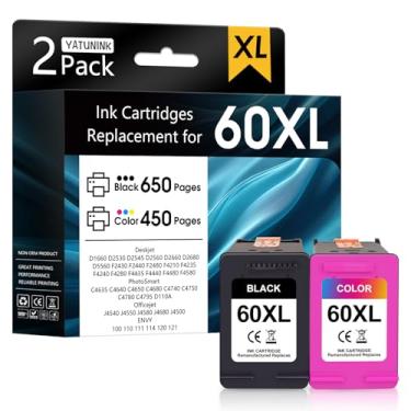 Imagem de YATUNINK Cartuchos de tinta 60XL compatíveis com cartucho de tinta HP 60, pacote combo colorido e preto, funciona com impressora PhotoSmart C4780 C4795 C4600 Envy 100 (preto, colorido) 2 unidades