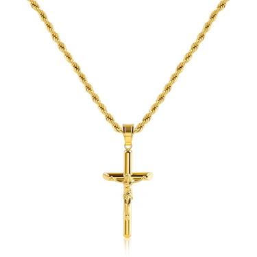 Imagem de Colar de cruz banhado a prata esterlina para homens, colares de cruz banhados a ouro para mulheres, pingente moderno de crucifixo de aço inoxidável com corrente de corda de 53 cm de 3 mm, Aço