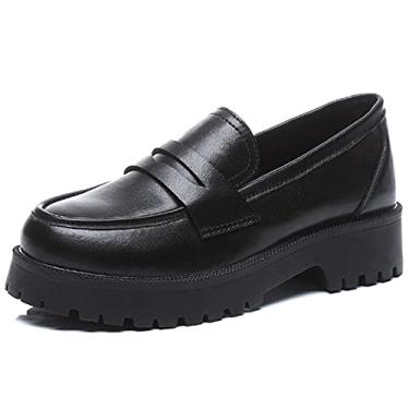 Imagem de U-lite Sapato feminino clássico simples salto médio Oxfords Penny loafers confortável slip on social, Preto, 6