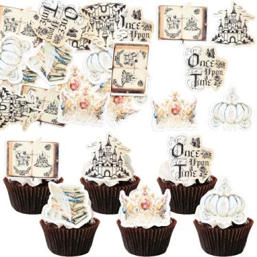 Imagem de Ephlyn 54Pcs Edible Once Upon A Time Birthday Cupcake Toppers Wafer Paper Fairytale Book Party Castle Opening Magic Book Cupcake Picks for Princess Party Cake Decoration Supplies Gold