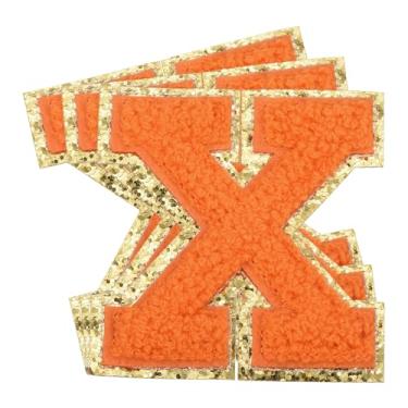 Imagem de 3 peças de adesivos de letras de chenille, tamanho grande, 8 x 7,5 cm, letras de ferro X remendo bordado com glitter dourado para roupas, sapatos, chapéus e mochilas (laranja)