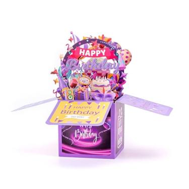 Imagem de Cartão de aniversário, caixa de presente de aniversário 3D divertida e doce com envelopes, cartões de celebração dobráveis exclusivos feitos à mão para adultos, filha, filho, mãe, pai, amigo (roxo)