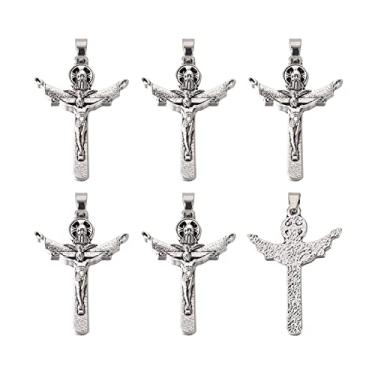 Imagem de Pingentes de cruz de crucifixo de prata antigo, 10 peças, pingentes tibetanos vintage da cruz sagrada de Jesus 41 x 30 mm com conector de fiança para artesanato de joias DIY