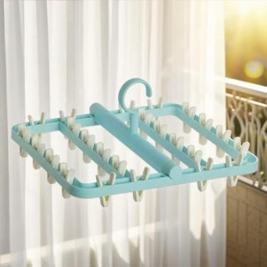 Imagem de Cabide de roupas dobrável com 24 clipes de gancho giratório à prova de vento, suporte de secagem de roupa para meias, roupas íntimas, toalhas (azul)