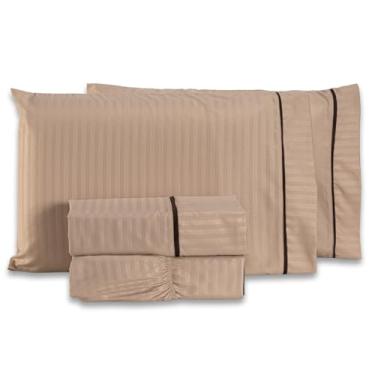 Imagem de Jogo de Cama Lençol QUEEN Mônaco Fitado com Fronhas 04 Peças - Tecido Listrado Percal Soft 300 Fios Acetinado Brilhante (Caqui)