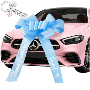 Imagem de Arcos gigantes para carros grandes para Sweet 16 inclui chaveiro personalizado, feliz aniversário, surpresa de carro novo, laço de puxar de envolver laço decorativo grande de 76 cm para meninas e