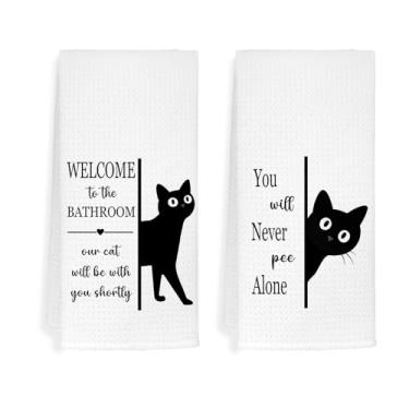 Imagem de EXUQO Toalhas de mão de banheiro engraçadas para presentes de mãe de gato, presentes para pais, presentes para amantes de gatos, bem-vindo ao banheiro, você nunca vai fazer xixi sozinho, 40 x 61 cm