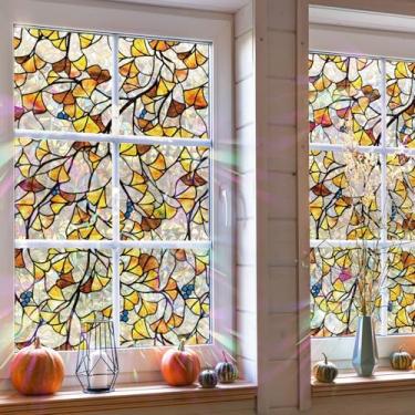 Imagem de Flortlias Película de privacidade para janela de arco-íris com vitral de outono, folhas de ginkgo manchadas, 300 x 53 cm