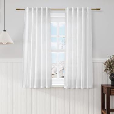 Imagem de Cortinas de linho branco para sala de estar 137 cm de comprimento cortinas semitransparentes com filtro de luz branca painéis aba traseira e bolso para varão cortina moderna de casa de fazenda para