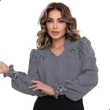 Imagem de Blusa Manga Longa Bufante Gola V Listrada Feminina Social - G-Store, A