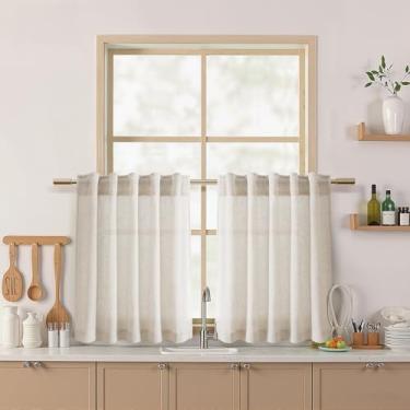 Imagem de Nanspring Cortinas de linho bege para janelas de cozinha sobre a pia – Cortinas rústicas de fazenda semitransparentes com aba traseira e bolso para varão cortina curta para janela pequena 91 x 61 cm