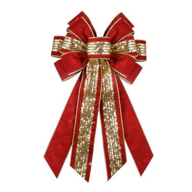 Imagem de On-Airstore Grande laço de guirlanda de Natal vermelho veludo metálico esmagado para grinaldas, laço de fita de listras brancas vermelhas laços de decoração de Natal para decoração interna e externa