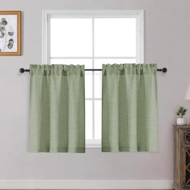 Imagem de OWENIE Cortinas de cozinha verde sálvia sobre a pia 76 cm de comprimento, conjunto de 2 painéis, cortinas de café curtas texturizadas com filtragem de luz para janela de banheiro, pequena cortina para