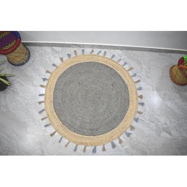 Imagem de THE PIKKU INTERNATIONAL - Tapete redondo de juta tecido à mão cinza e bege com design de borda Tussle (5 x 6 m)