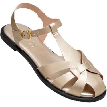 Imagem de Sandália Feminina Lumiss Rasteira Fisherman Confortável Fivela Bico Redondo dourado38