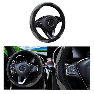 Imagem de Couslcd Capa de volante de carro, protetor de volante elástico de couro sintético de microfibra de fibra de carbono de 38 cm para homens e mulheres, antiderrapante respirável para a maioria dos carros