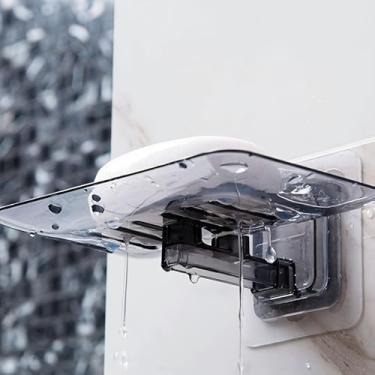 Imagem de Saboneteira transparente para montagem na parede com orifícios de drenagem, suporte de sabão adesivo sem perfuração e prateleira de esponja para banheiro
