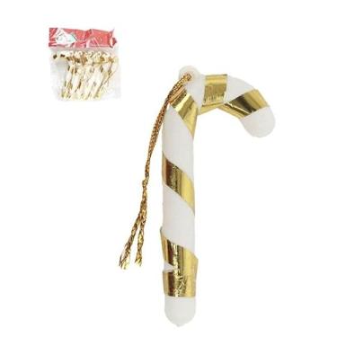 Imagem de Enfeite Natalino Bengala de Natal Dourado E Branco 6,5cm Com 6 Peças Decorativas Penduráveis Para Árvore De Natal Guirlandas e Decoração de Casa