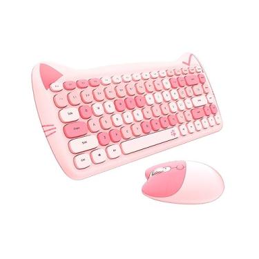 Imagem de 2.4g teclado sem fio mouse combo 84 teclas teclado de membrana ergonômico mouse 3 engrenagens ajustável dpi bonito aparência rosa