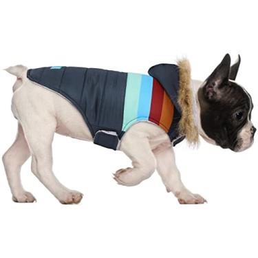 Imagem de HDE Jaqueta Puffer para cães forrada com lã parca quente para cachorro casaco de inverno com furo para arnês azul marinho listra retrô - M