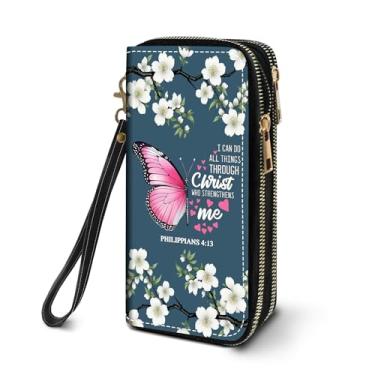 Imagem de FVAENDHIO Carteira feminina de grande capacidade de couro PU com zíper duplo, bolsa de mão multifuncional com alça de pulso removível para smartphone/moeda/cartão/dinheiro, flor de caveira, Versículo