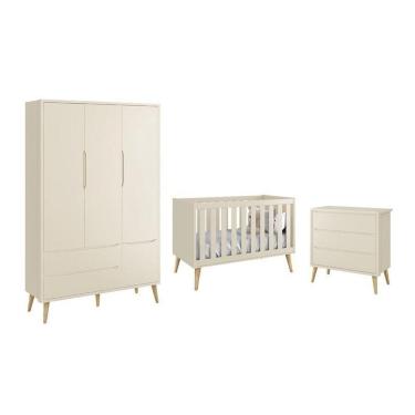 Imagem de Dormitório Theo 3 Portas E Cômoda 3 Gavetas Areia Fosco Com Pés Madeira Natural Reller Móveis Areia Fosco