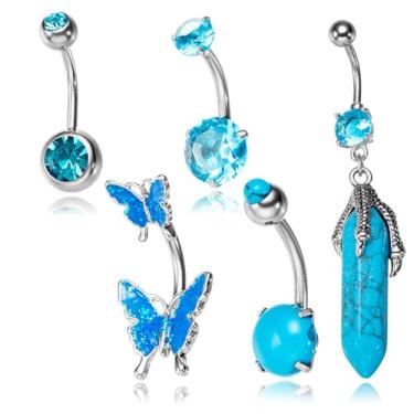 Imagem de ZKJTEARY 5 peças de anéis de umbigo para mulheres de aço cirúrgico titânio longo flutuante anel de umbigo pingente umbigo piercing kit rosa roxo azul joia corporal, Medium, Aço inoxidável, Sem Pedra