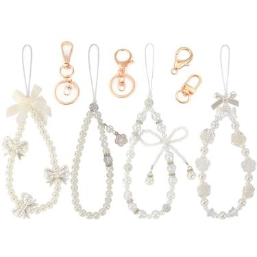 Imagem de YeahMiya 4 peças de pulseiras de telefone, pulseira de telefone de flor de borboleta pérola com 4 peças de laço de fivela de metal dourado para câmera pulseira de pulso com contas de pulso pulseira de