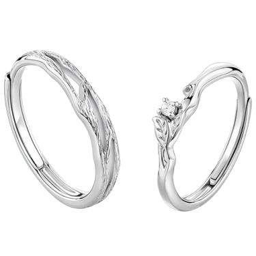 Imagem de Anéis de casal ajustáveis elegantes, prata esterlina S925 com padrão de galho de árvore e zircônia, alianças de casamento com caixa de presente