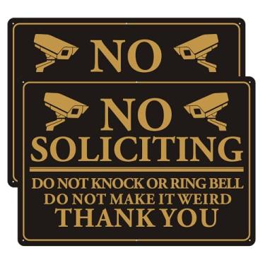 Imagem de Placa engraçada sem solicitação para casa ou casa 35,5 cm × 25,4 cm (pacote com 2) – Não bata ou toque sino, não faça estranho – Placa de metal de alumínio resistente ao clima para quintal, porta